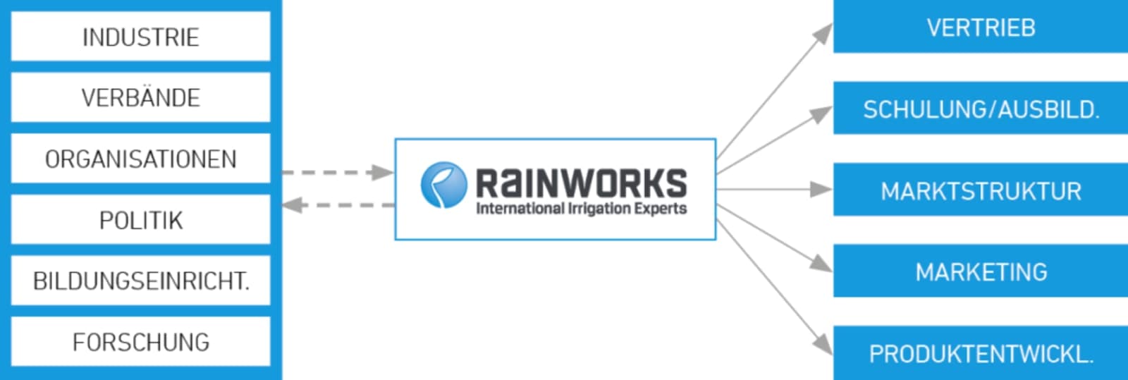 Diagramm der Rainworks Alliance: Austausch mit Industrie, Verbänden, Organisationen, Politik, Bildungseinrichtungen und Forschung — daraus entstehen Vertrieb, Schulung/Ausbildung, Marktstruktur, Marketing und Produktentwicklung